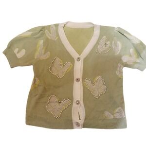 Cute Puff Sleeve Heart Rhinestone Cardigan Mint Green Short Sleeve Button Up Top